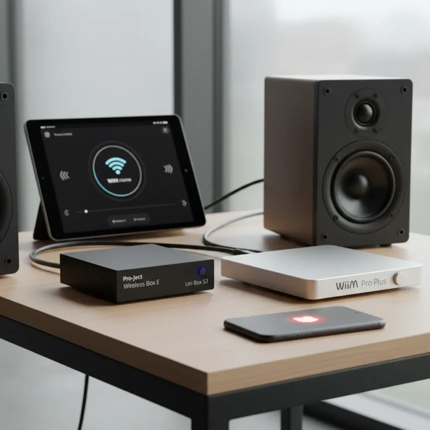 Pro-Ject's Wireless Box E turns passive speakers into WiiM streamers — AI-generated illustration