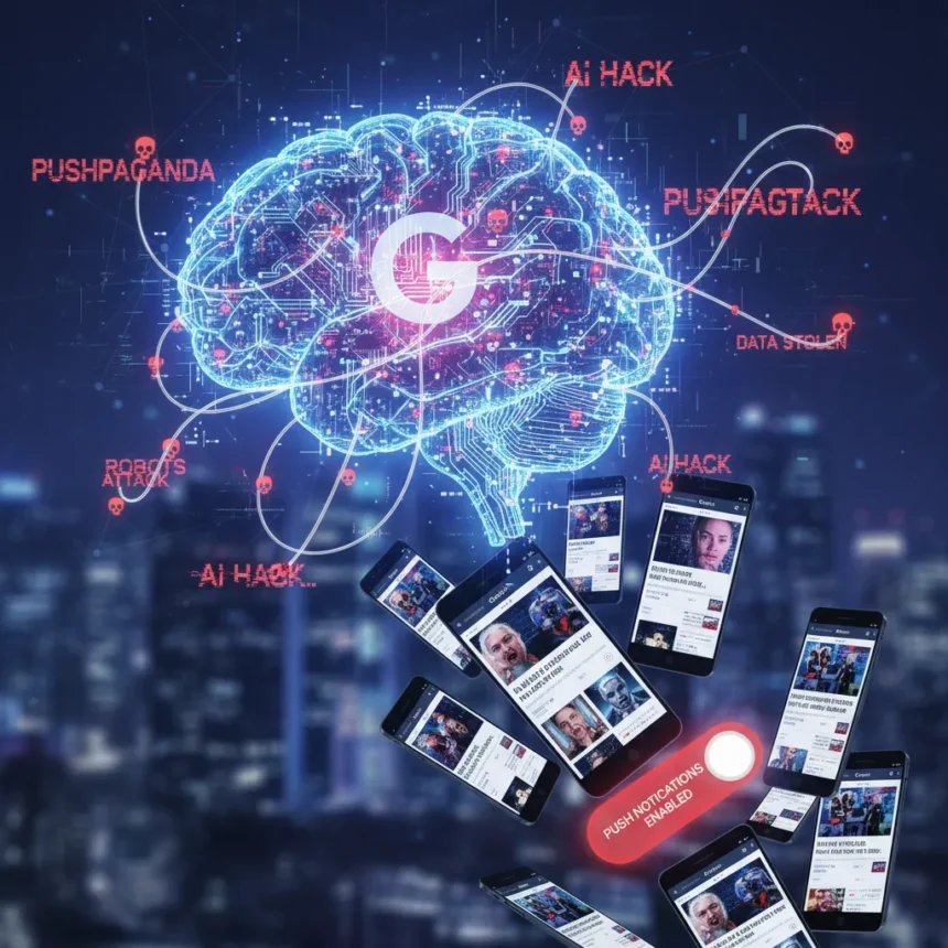 Pushpaganda exploits Google Discover with AI scareware — AI-generated illustration