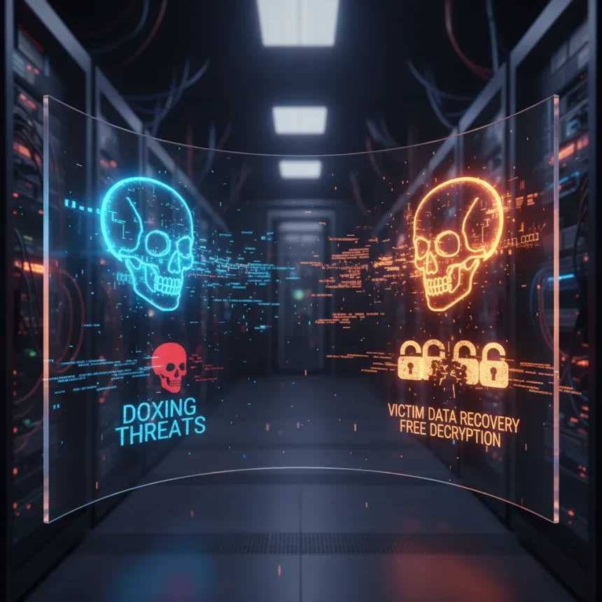 Ransomware gang wars escalate with doxxing threats and victim data recovery — AI-generated illustration