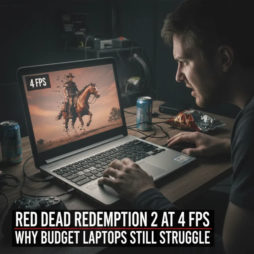 Red Dead Redemption 2 at 4 FPS: Why budget laptops still struggle — AI-generated illustration