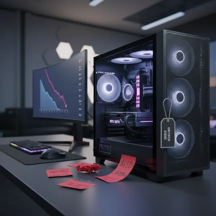 RTX 5070 prebuilt with Ryzen 7 7700X drops $650 via stacked codes — AI-generated illustration