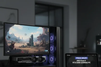 RTX 5080 gaming PC with 9800X3D drops $460 at Newegg — AI-generated illustration