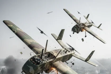 Russian Shahed drones crumble mid-flight due to shoddy manufacturing — AI-generated illustration