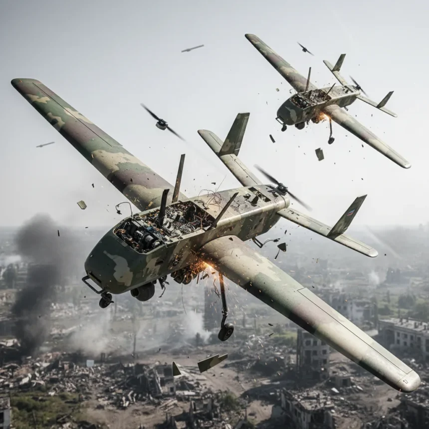 Russian Shahed drones crumble mid-flight due to shoddy manufacturing — AI-generated illustration