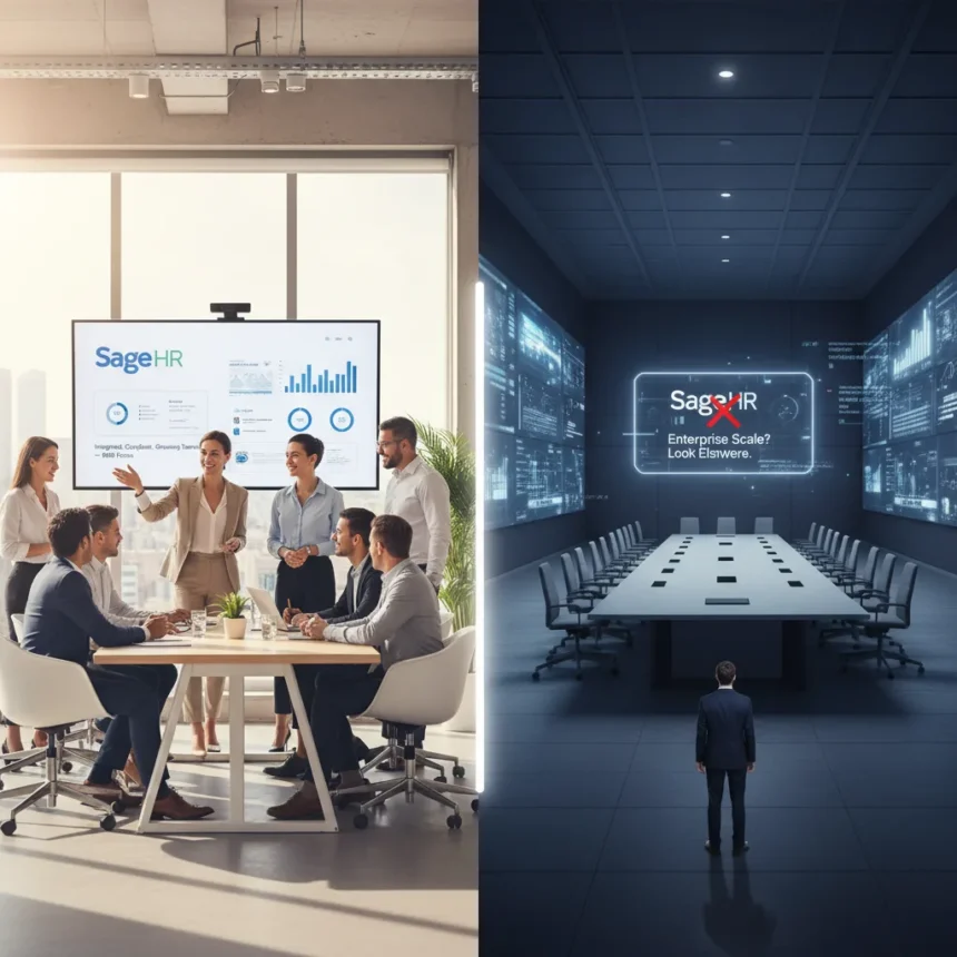 Sage HR software excels for SMBs but struggles at scale — AI-generated illustration
