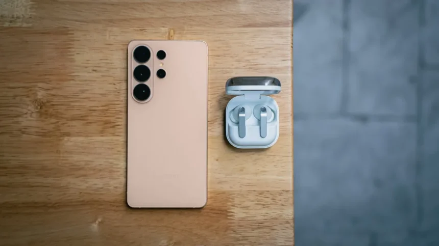 Peach smartphone and wireless earbuds on wooden table