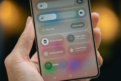 Person holding a smartphone displaying a settings menu