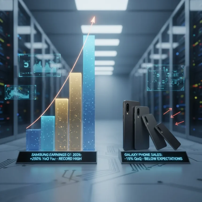 Samsung Q1 2026 earnings surge while Galaxy phones lag behind — AI-generated illustration