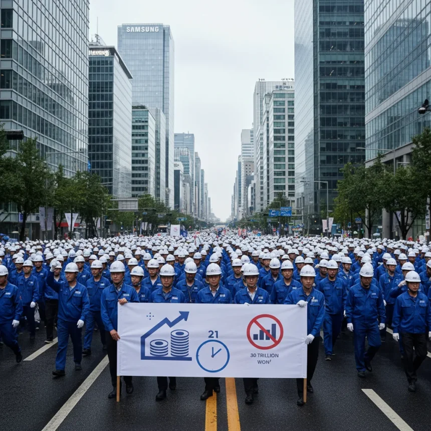 Samsung union strikes threaten $30 trillion in losses — AI-generated illustration