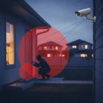 Security camera blind spots: what burglars exploit — AI-generated illustration