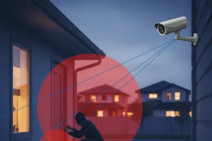 Security camera blind spots: what burglars exploit — AI-generated illustration