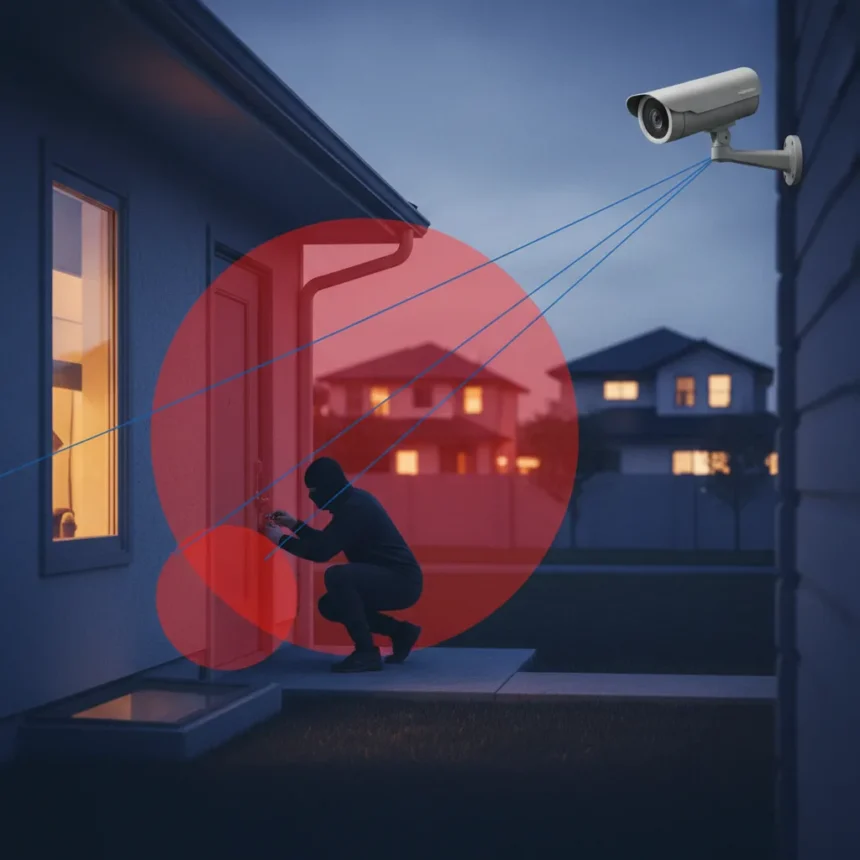 Security camera blind spots: what burglars exploit — AI-generated illustration