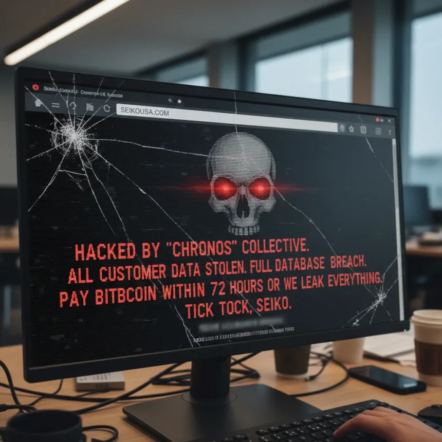 Seiko USA website defaced, customer database theft claimed — AI-generated illustration