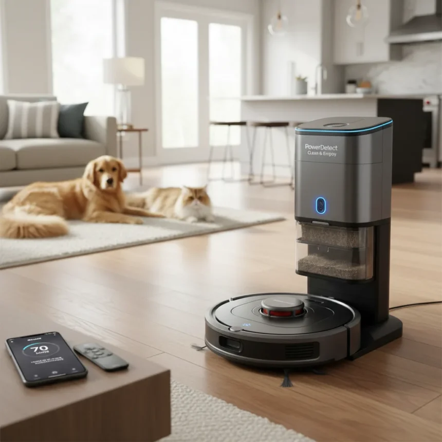 Shark PowerDetect Clean & Empty combines two features that actually matter — AI-generated illustration