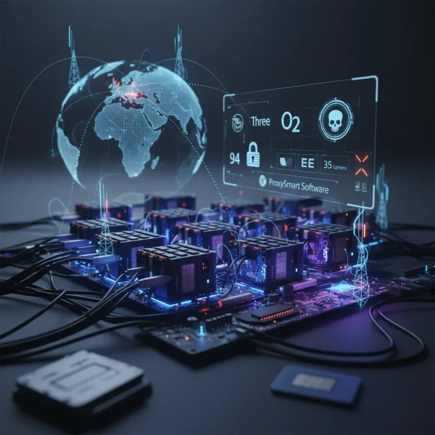 SIM farm networks hijack UK and US telcos for global fraud — AI-generated illustration