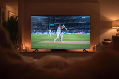 Cricket match playing on a television screen at night.