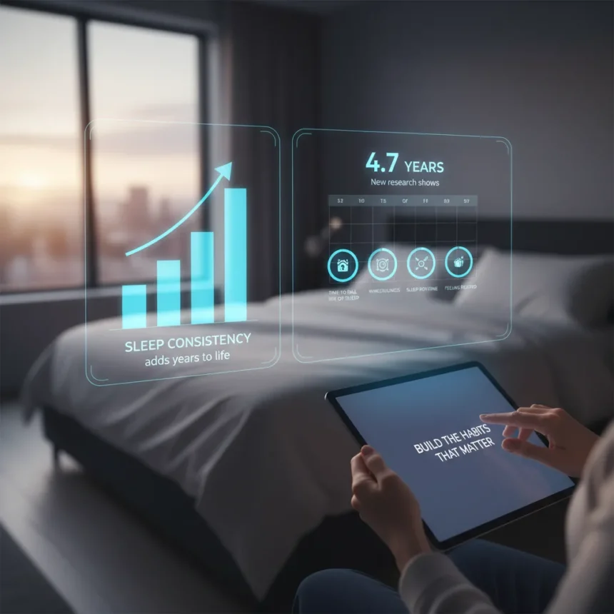 Sleep consistency beats sleep duration for adding years to life — AI-generated illustration