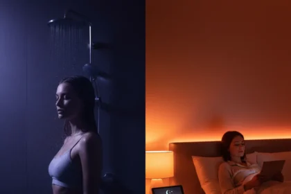 Smart lighting for sleep beats the dark showering trend — AI-generated illustration