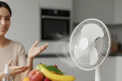 A cheap table fan beats chemicals for fruit flies — AI-generated illustration