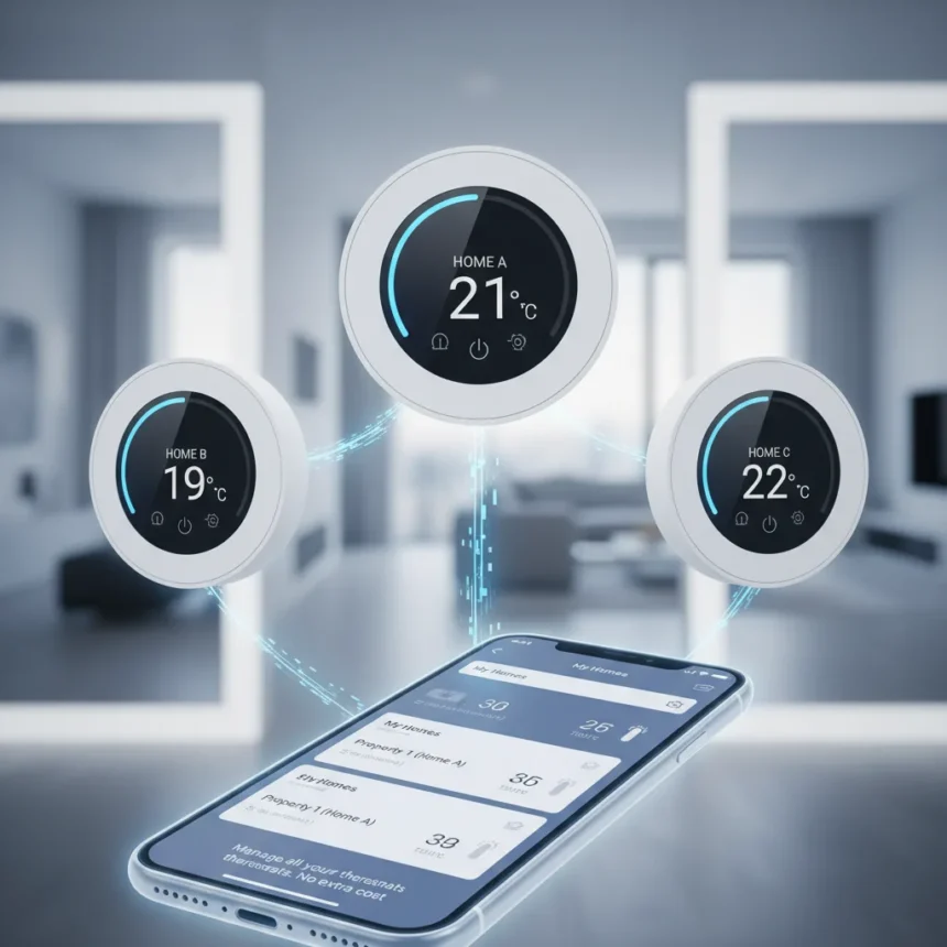 Tado multi-home feature controls multiple thermostats free — AI-generated illustration