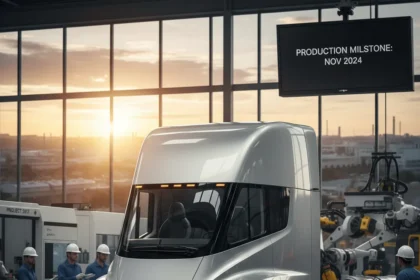 Tesla Semi finally enters mass production, 7 years late — AI-generated illustration