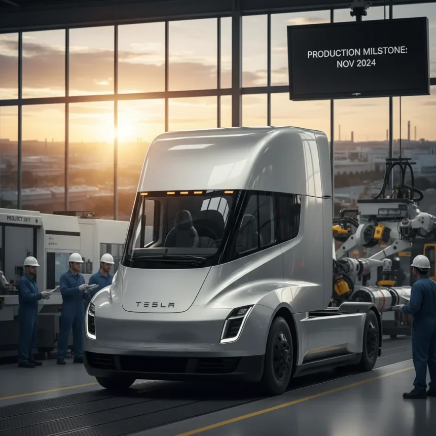 Tesla Semi finally enters mass production, 7 years late — AI-generated illustration