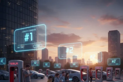 Tesla Supercharger virtual queue system tackles rising charging station fights — AI-generated illustration