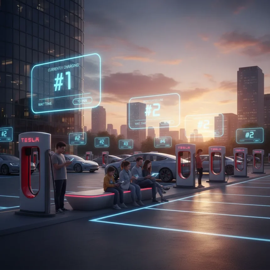 Tesla Supercharger virtual queue system tackles rising charging station fights — AI-generated illustration