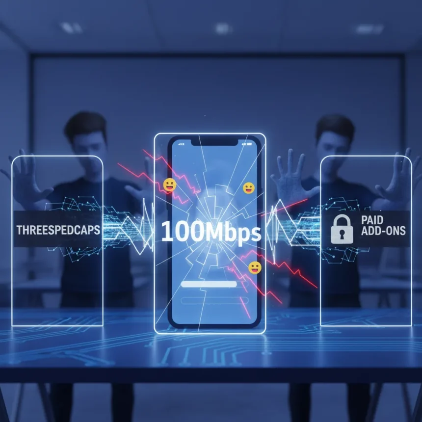 Three's speed caps frustrate customers seeking full mobile performance — AI-generated illustration