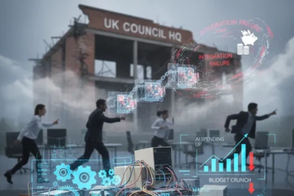 UK councils chase AI efficiency gains amid budget and legacy system chaos — AI-generated illustration