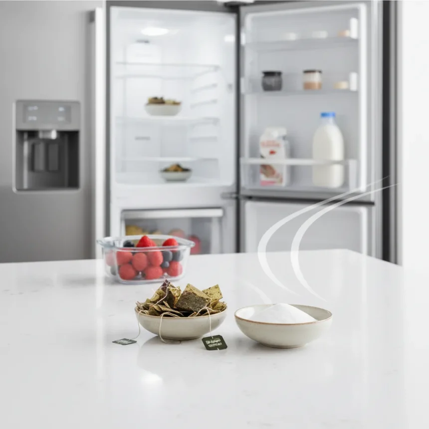 Used tea bags beat baking soda for fridge odor removal — AI-generated illustration