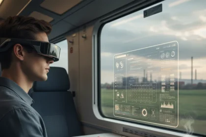 Viture Beast AR glasses turn travel delays into productive time — AI-generated illustration