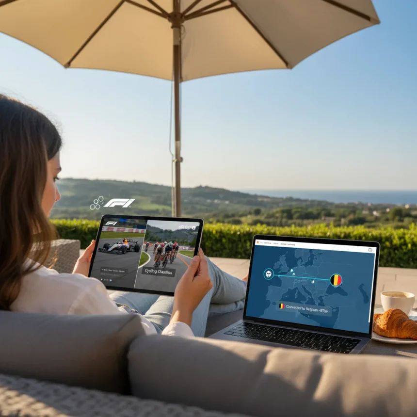 Watch F1 and cycling free outside Belgium with RTBF VPN — AI-generated illustration