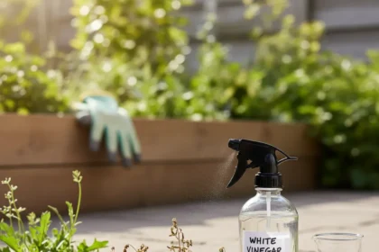 White vinegar kills stubborn weeds without chemicals — AI-generated illustration