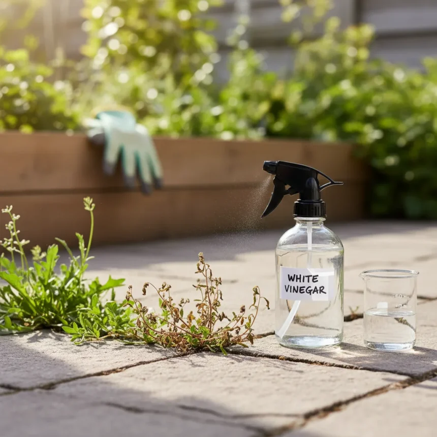 White vinegar kills stubborn weeds without chemicals — AI-generated illustration