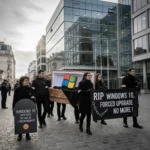 Windows 10 end of support sparks funeral protest in France — AI-generated illustration