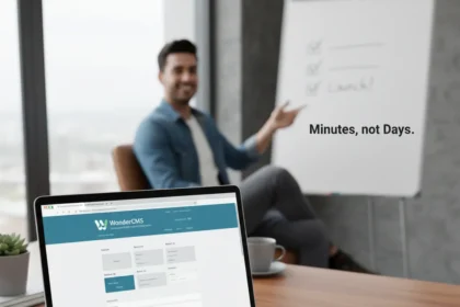 WonderCMS lets you build a business site in minutes, not days — AI-generated illustration