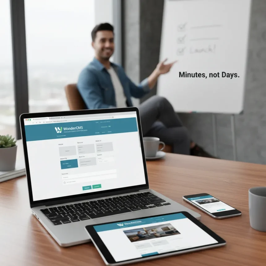 WonderCMS lets you build a business site in minutes, not days — AI-generated illustration