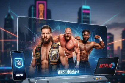 WrestleMania 42 streaming shifts to ESPN App and Netflix — AI-generated illustration