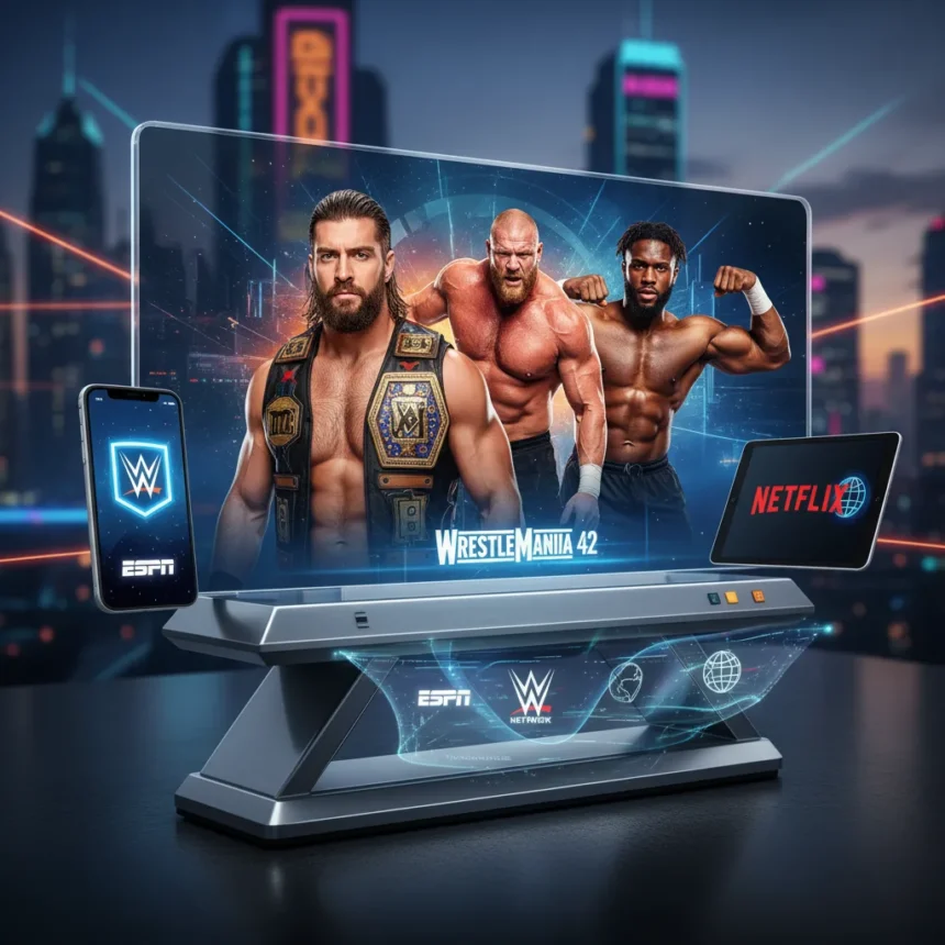 WrestleMania 42 streaming shifts to ESPN App and Netflix — AI-generated illustration