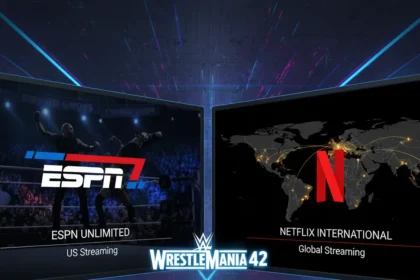 WrestleMania 42 streaming shifts to ESPN and Netflix globally — AI-generated illustration