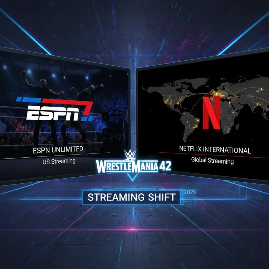 WrestleMania 42 streaming shifts to ESPN and Netflix globally — AI-generated illustration