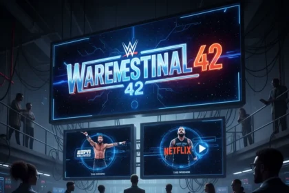 WrestleMania 42 streams on ESPN and Netflix this weekend — AI-generated illustration