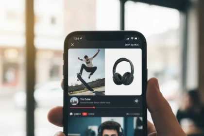 YouTube livestream ads on mobile mute sound but keep video visible — AI-generated illustration