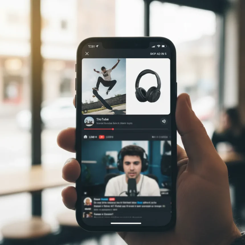YouTube livestream ads on mobile mute sound but keep video visible — AI-generated illustration