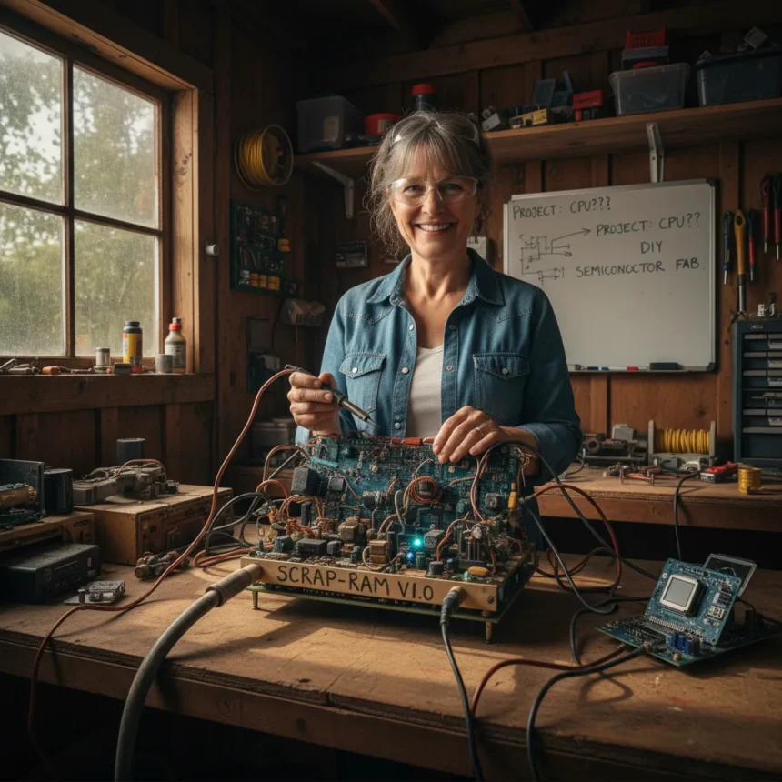 YouTuber builds functional RAM from scraps in a shed — AI-generated illustration