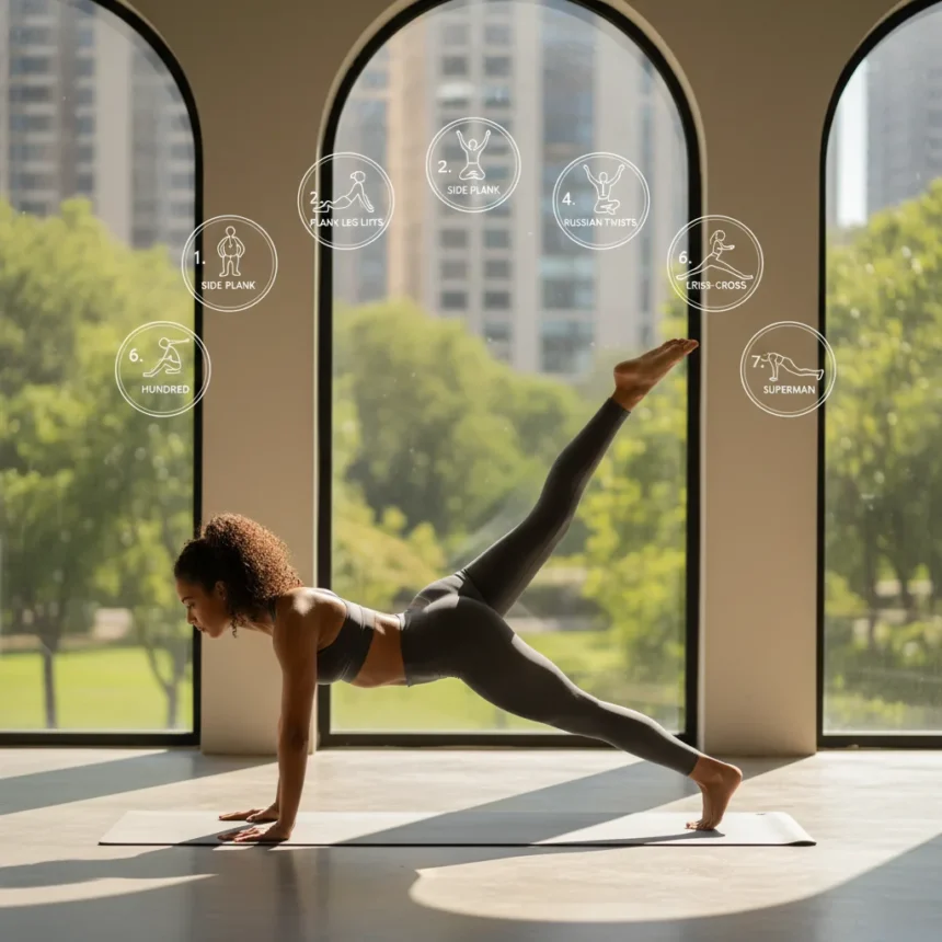 8-Minute Deep Core Pilates Workout: Jetaya's 7-Exercise Routine — AI-generated illustration