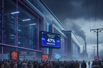 AI data center opposition hits 47% as Americans reject nearby builds — AI-generated illustration