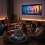 Android tablet projector transforms Netflix viewing in ways iPad cannot — AI-generated illustration
