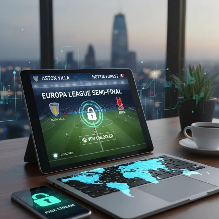 Watch Aston Villa vs Nottm Forest Europa League free with VPN — AI-generated illustration